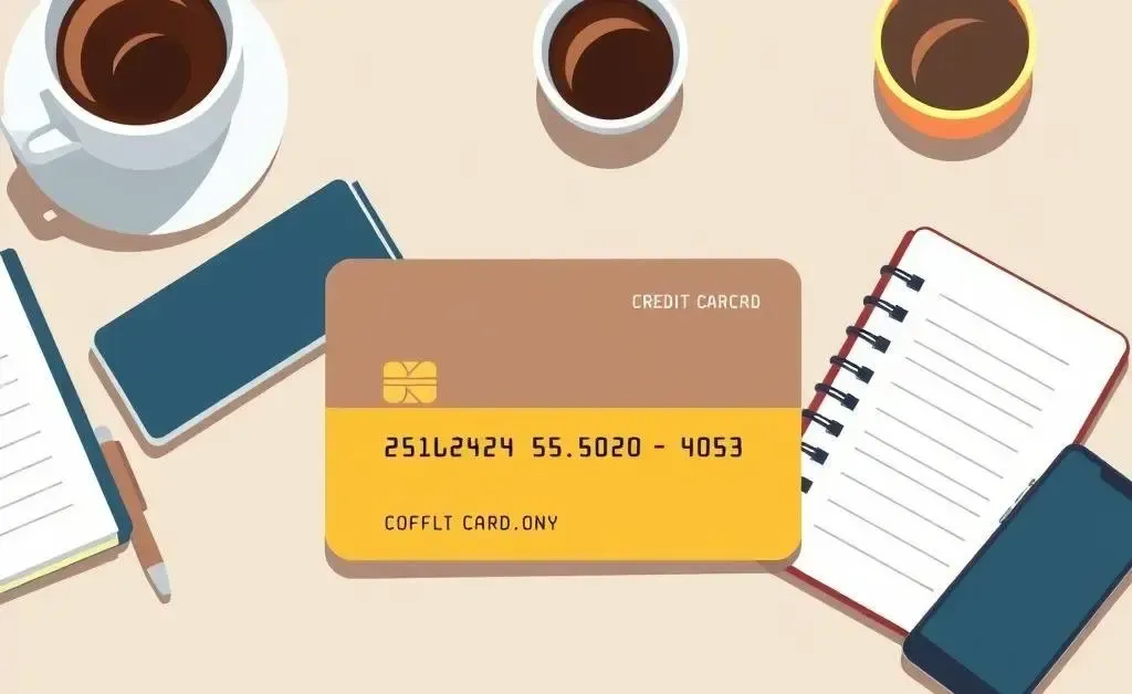 A business credit card surrounded by personal items on a desk.