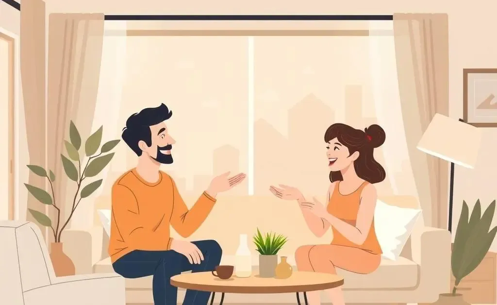 Couple discussing their new home purchase in a living room