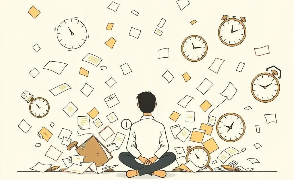 Person finding calm surrounded by chaotic elements like papers and clocks