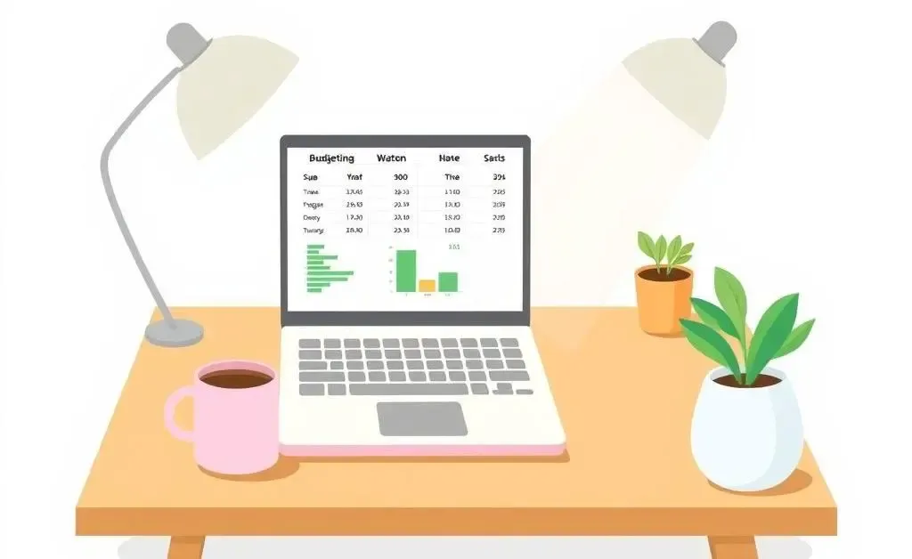 Cozy desk with a budgeting spreadsheet on a laptop