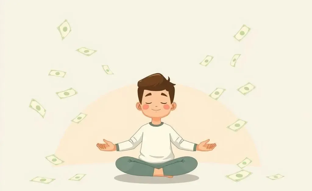 A cartoon-style image of a person meditating peacefully surrounded by bills and financial documents
