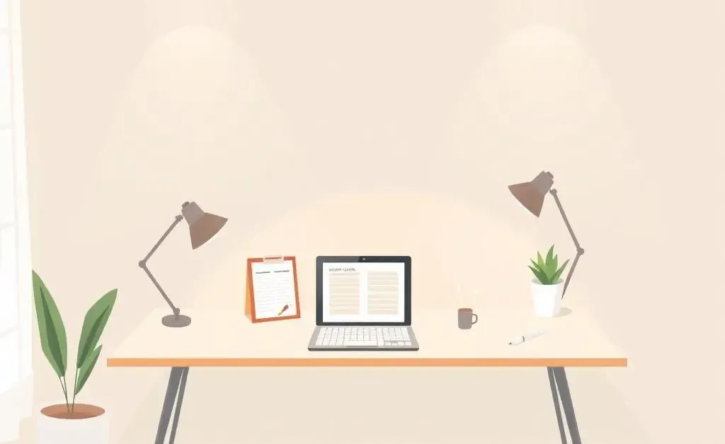 A peaceful home office setup with a laptop and budget planner