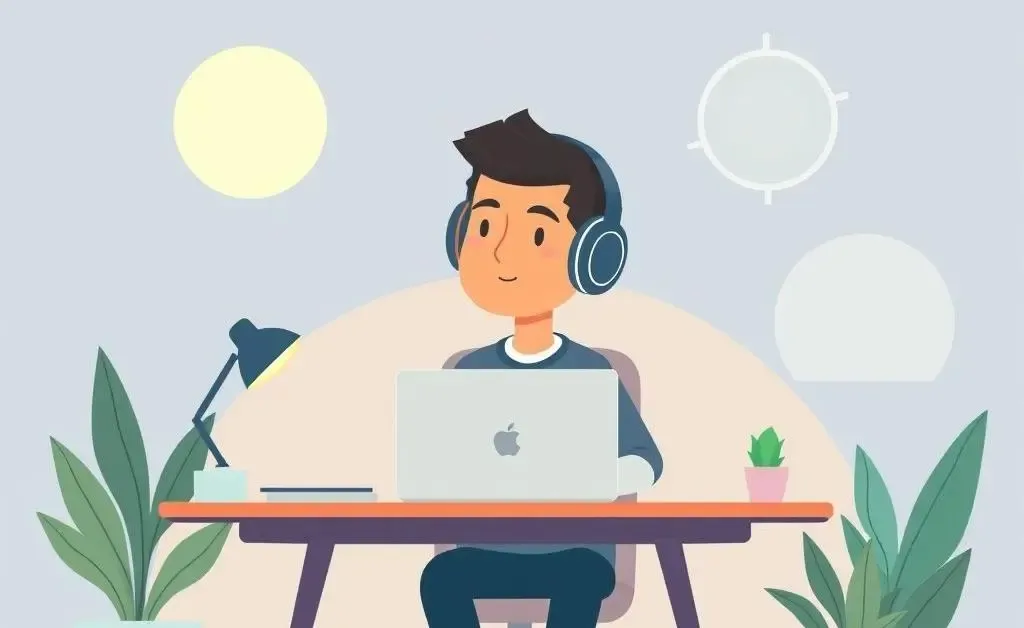 Person at a desk with headphones on, surrounded by calming elements, symbolizing focus in investing.