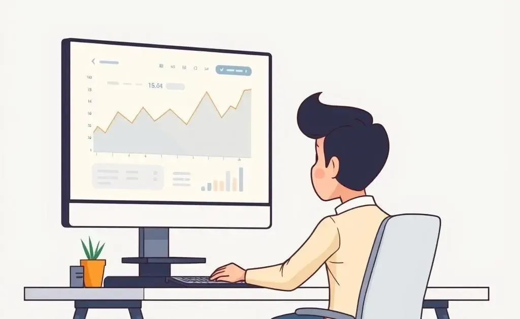 A person analyzing market trends on a computer screen with a calm expression