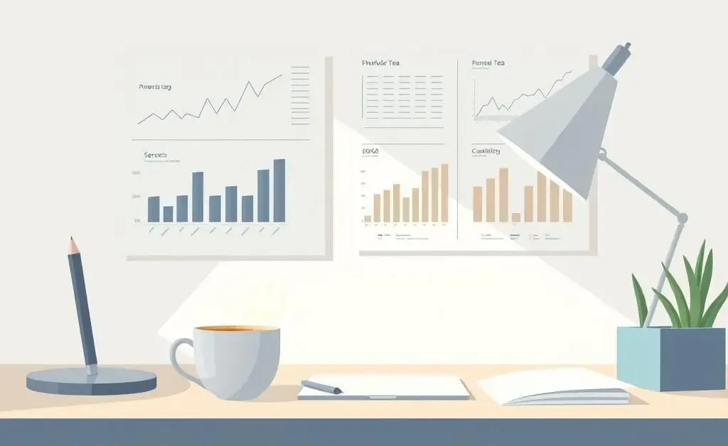 A peaceful desk setting with financial charts and a cup of herbal tea