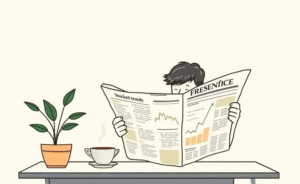 Calm and focused investing atmosphere with tea and newspaper