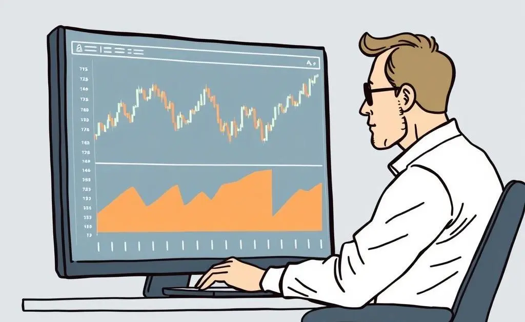 An investor calmly observing stock market trends on a computer screen
