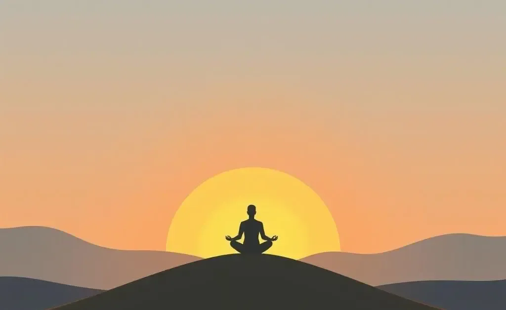 A person meditating on a hill at sunrise, symbolizing tranquility and calm.
