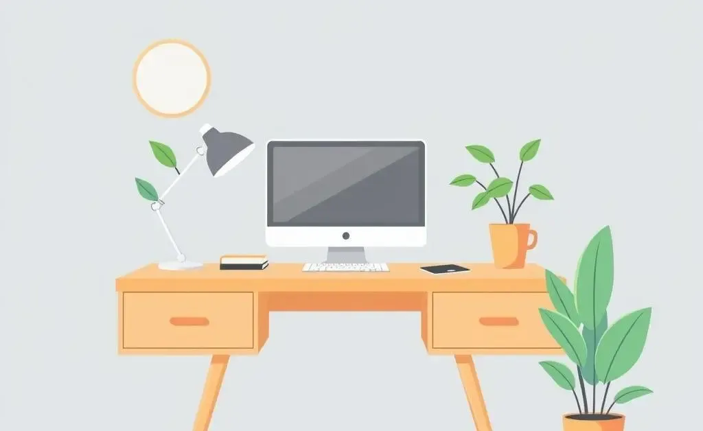 Illustration of a peaceful, uncluttered desk with a calming plant
