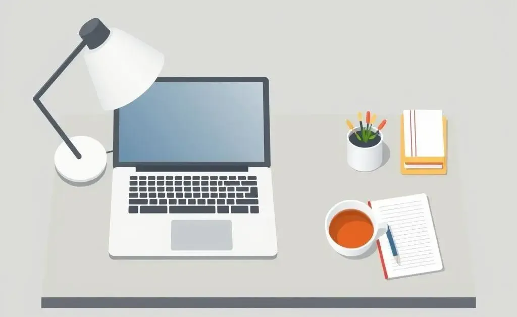 A calm and organized desk setup with a laptop, notebook, and a cup of tea