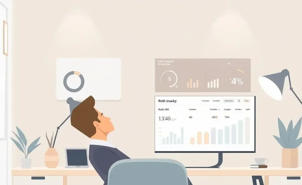 Illustration of a calm investor reviewing Roth IRA investments