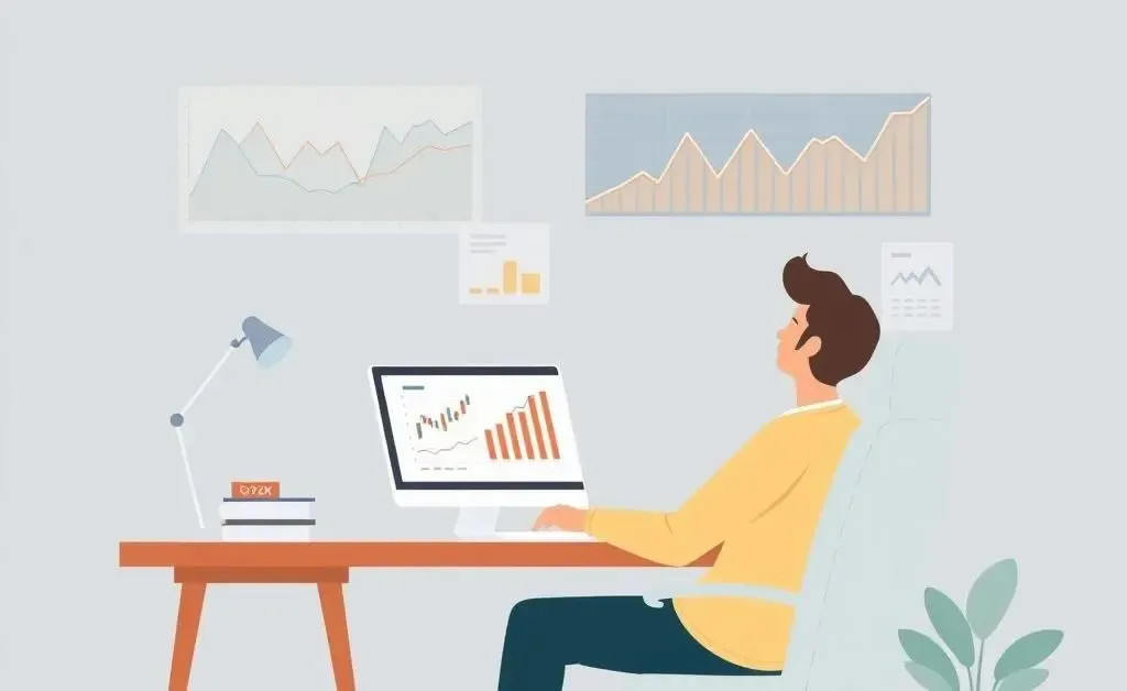 Person at a desk reviewing stock charts with a calm expression