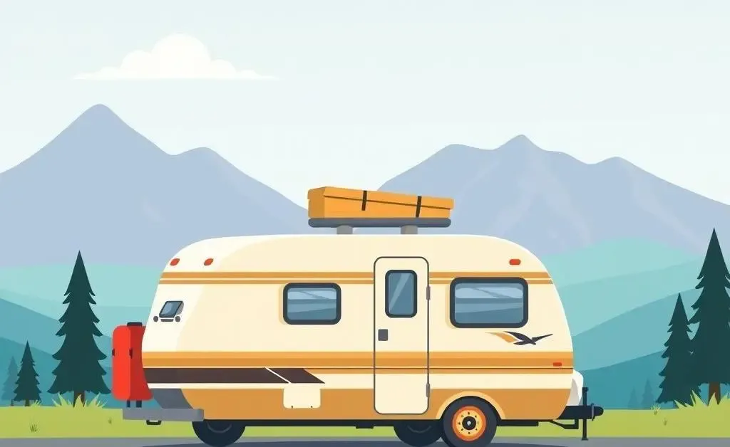 Illustration of a camper on a road trip with a scenic landscape