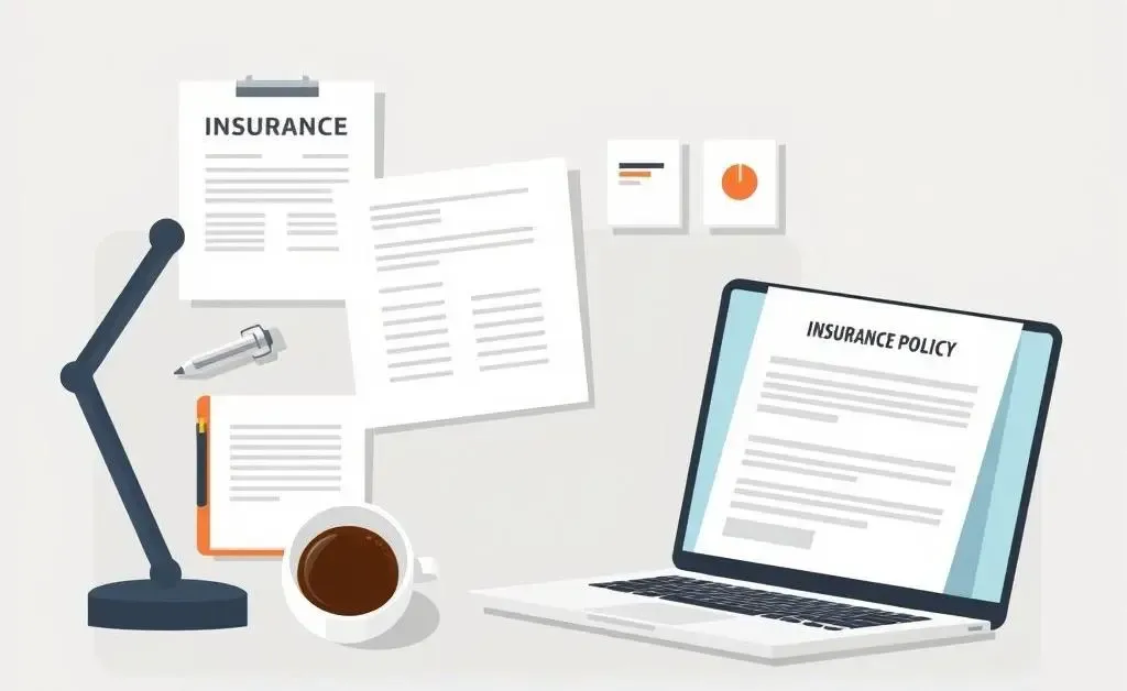 A desk with various insurance documents, coffee, and a laptop displaying insurance information