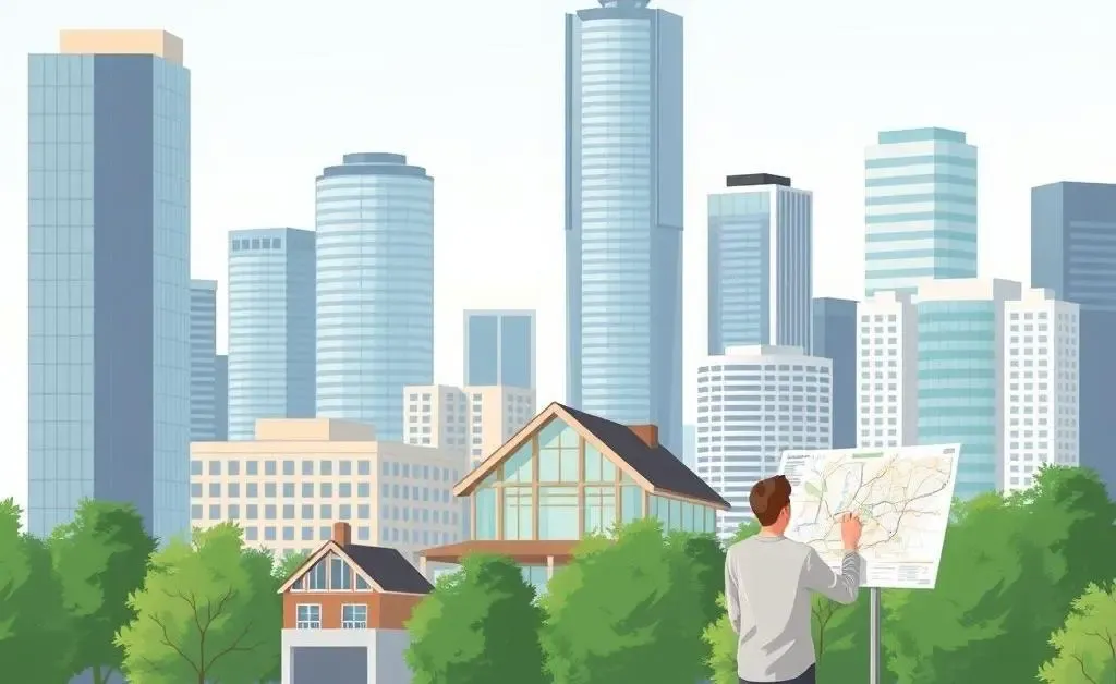 Illustration of a Canadian cityscape with a person looking at a house and a map