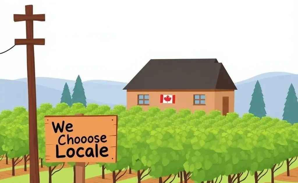 A cartoon-style Canadian vineyard with a sign reading 'We Choose Local'.
