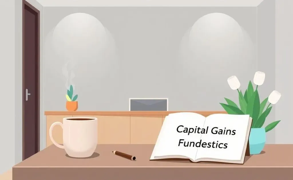 A cozy desk setup with a notebook and coffee cup for learning about capital gains.