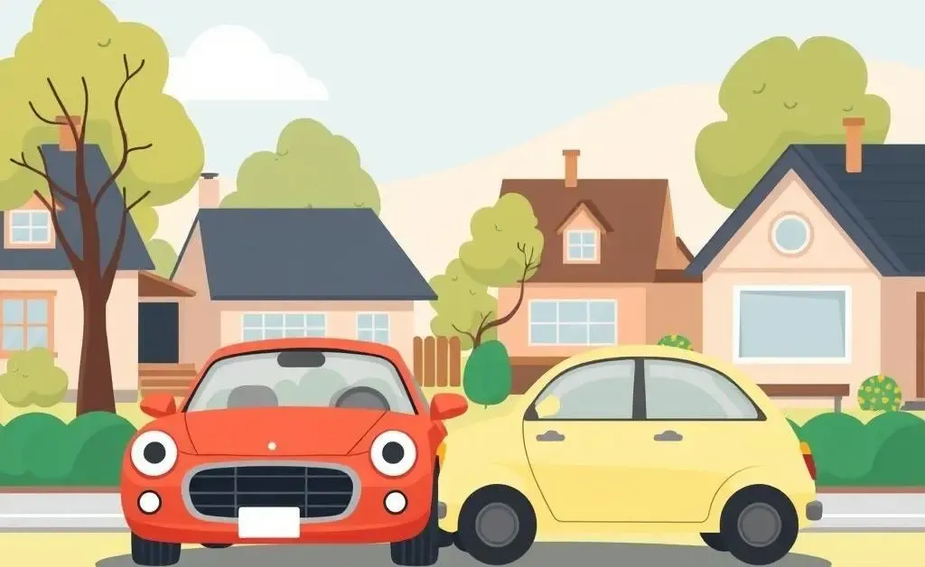 Cartoon image of a minor car accident in a neighborhood setting