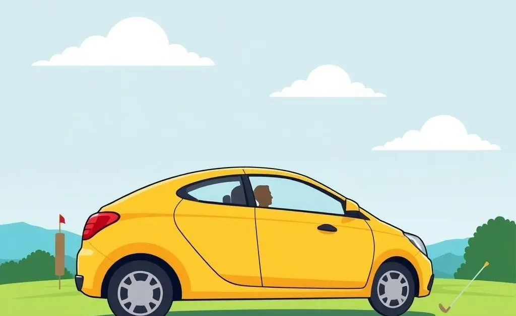 Illustration of a car being hit by a golf ball on a golf course.