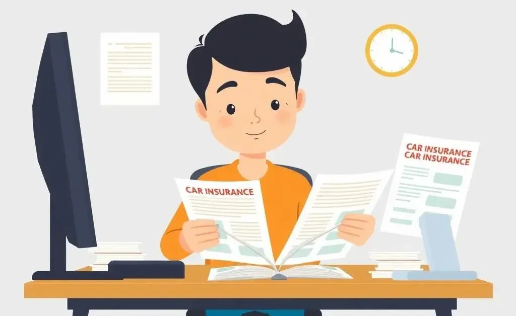 Illustration of a person reviewing car insurance documents at a desk