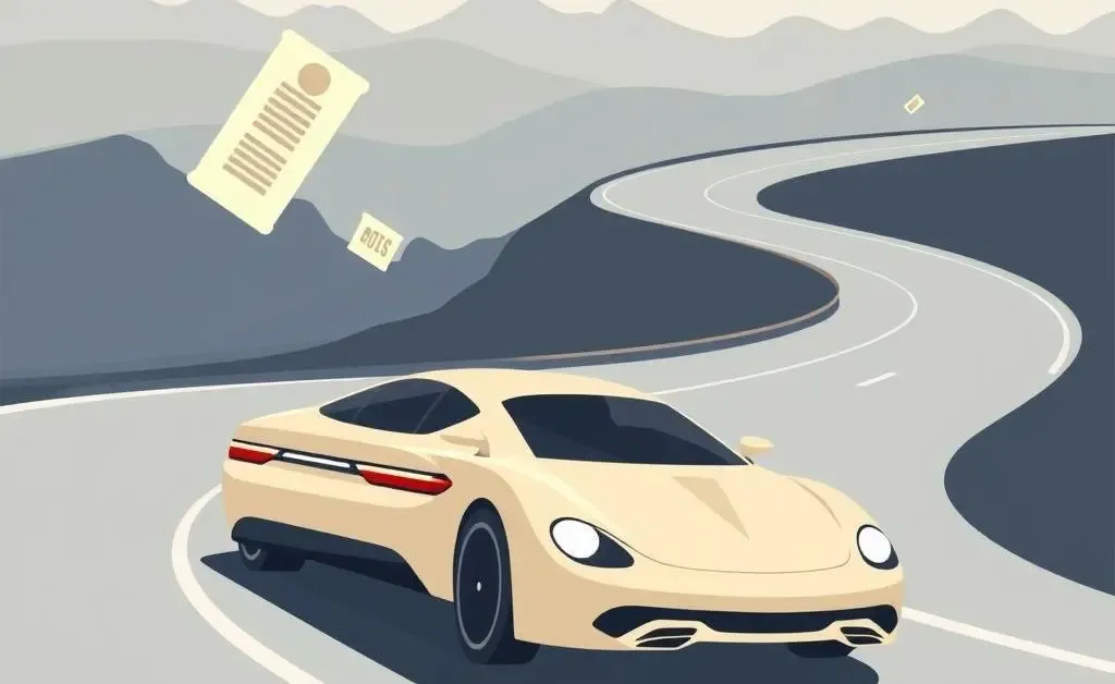 Illustration of a car speeding along a road with visible ticket fines