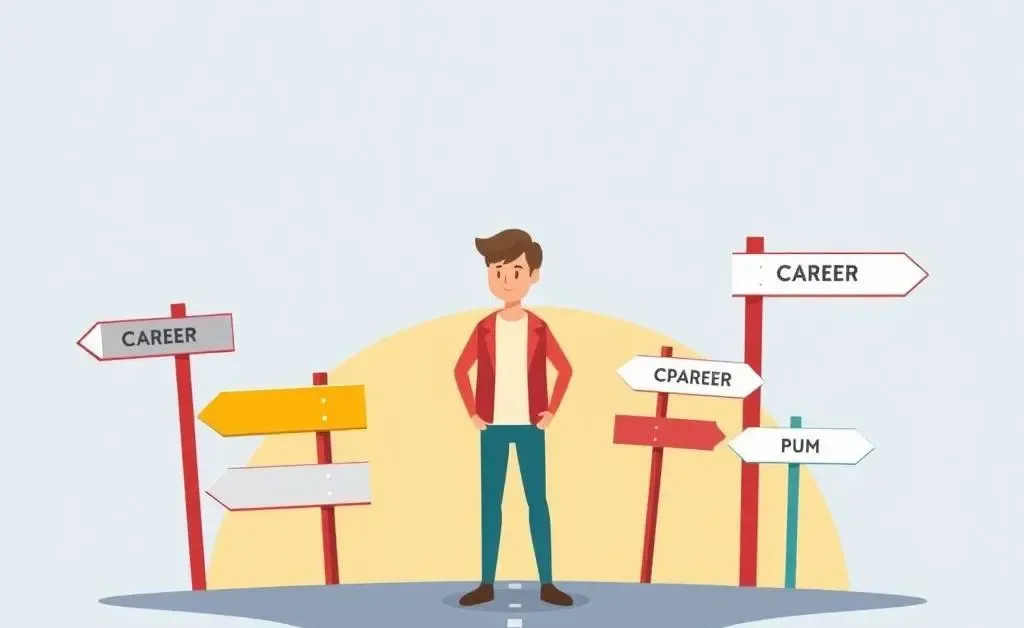 A person at a crossroads with career option signposts