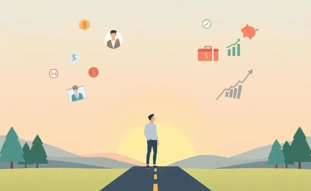 A person contemplating different career paths with financial symbols around them
