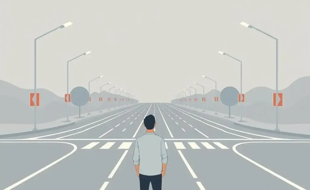 An individual standing at a crossroads, pondering over different paths.