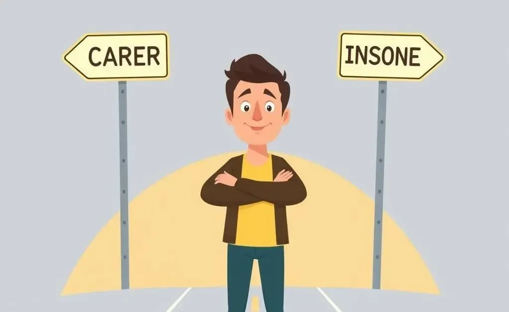Person standing at a crossroads with career and income signs