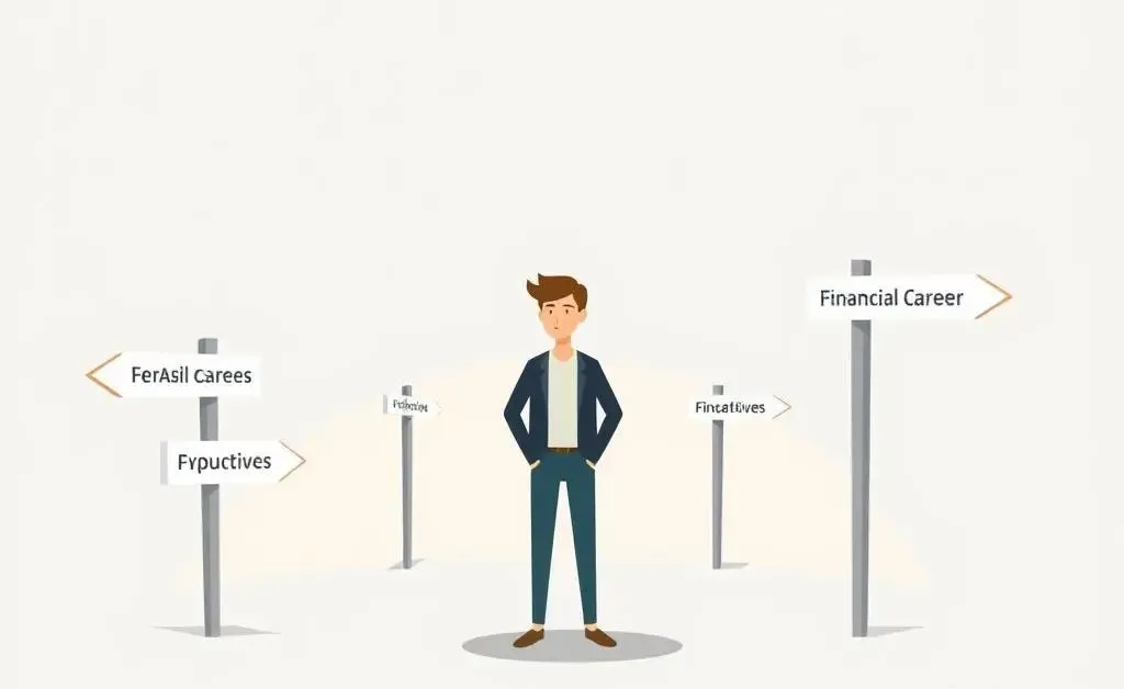 Person at crossroads with financial career signs