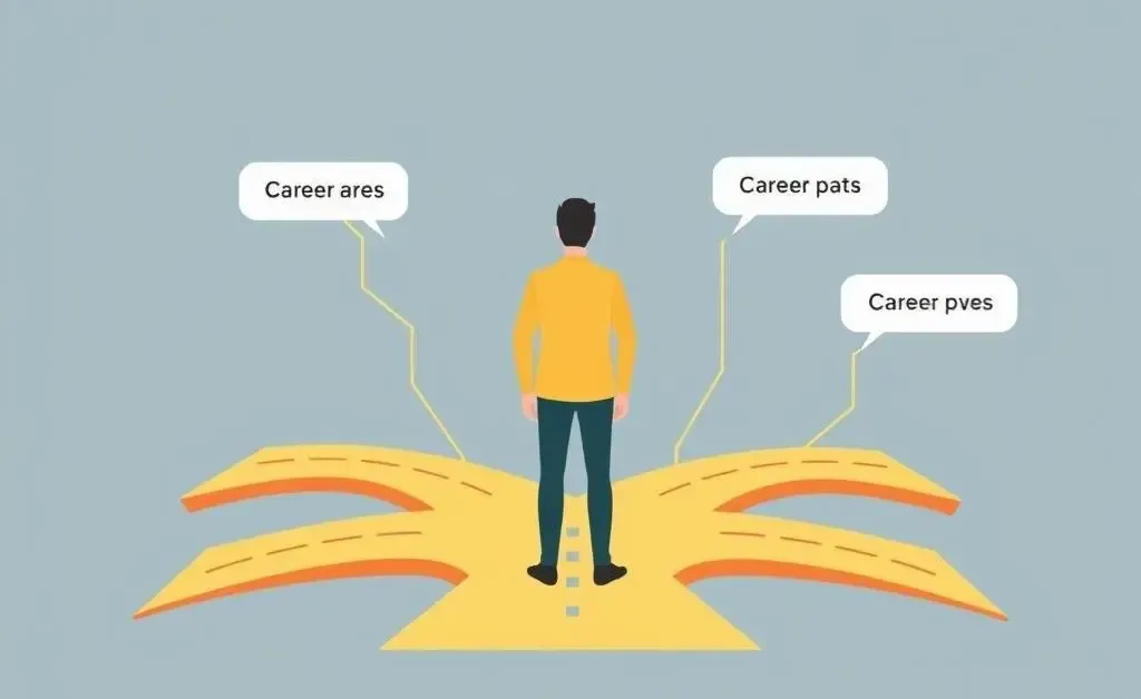 An illustration showing a person standing at a career crossroads