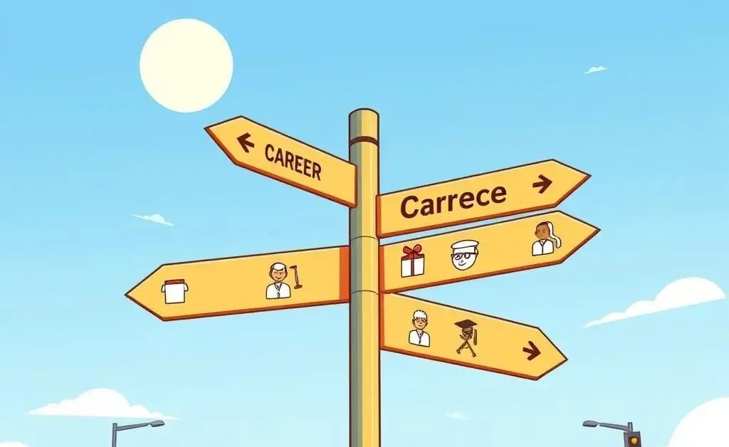 A signpost depicting various career paths under a sunny sky