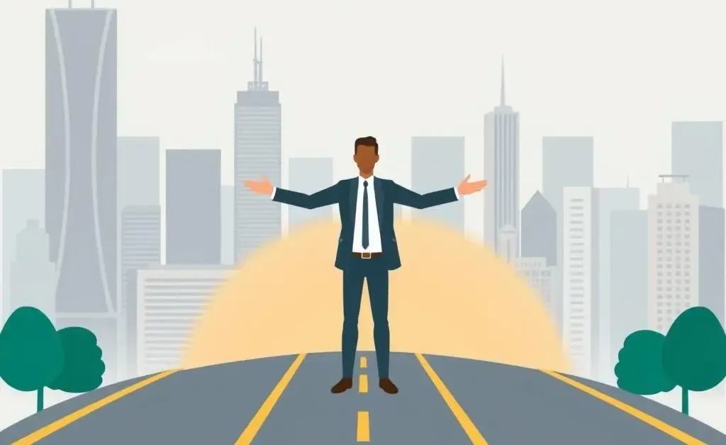 Individual standing at a career path crossroads with skyscrapers in the background