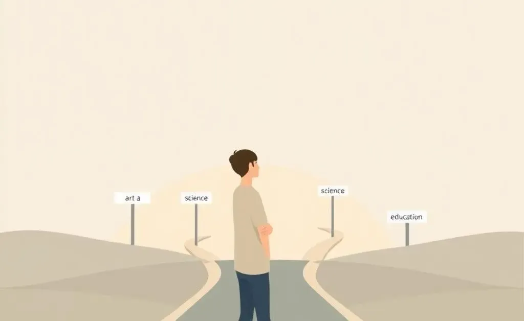 Young professional at a career crossroads contemplating various paths
