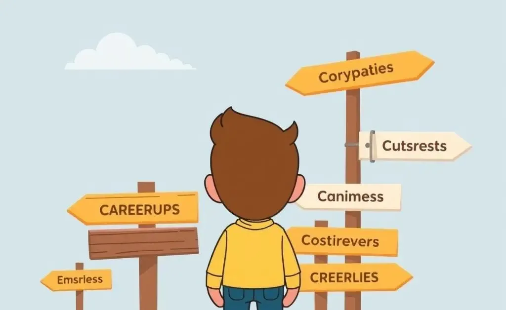 A person contemplating different career paths with signposts