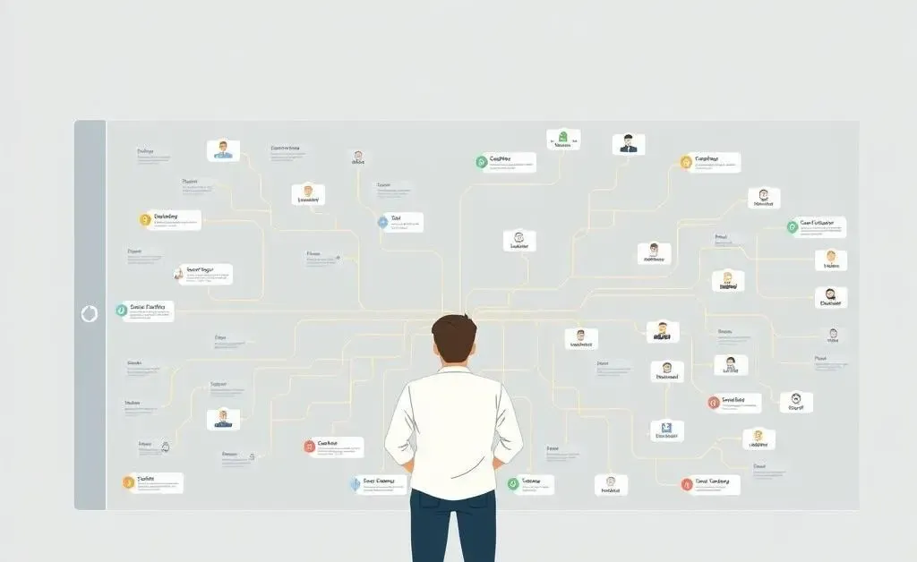 An illustration of a person looking at a career roadmap with branching paths.