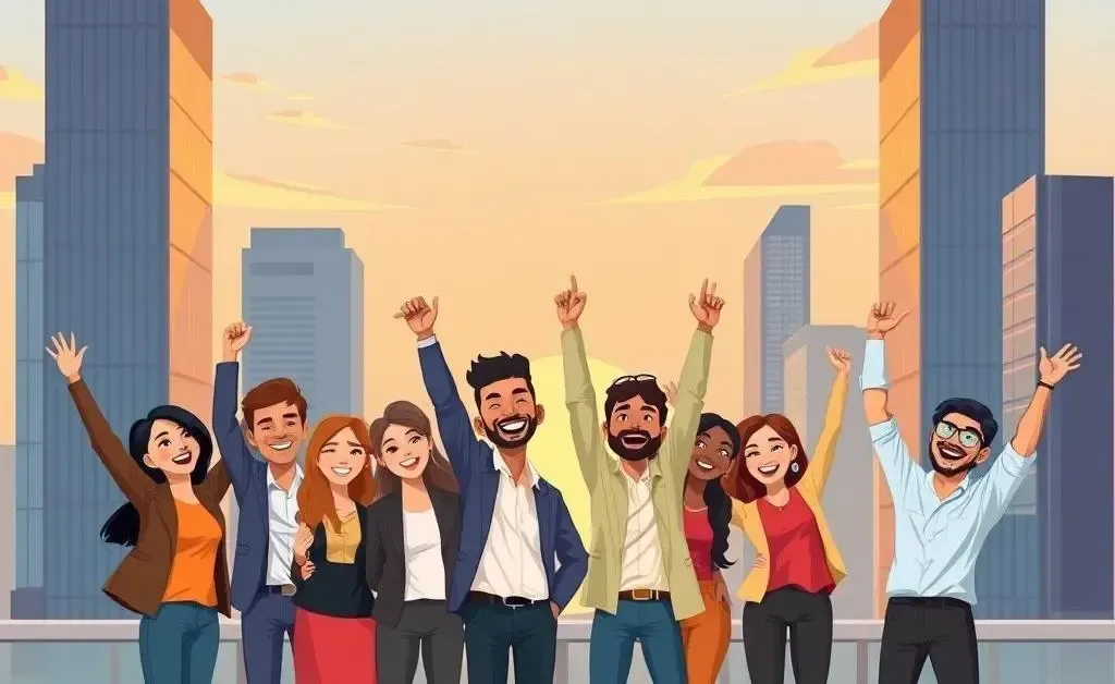 A diverse group of happy people celebrating career success against a city backdrop.