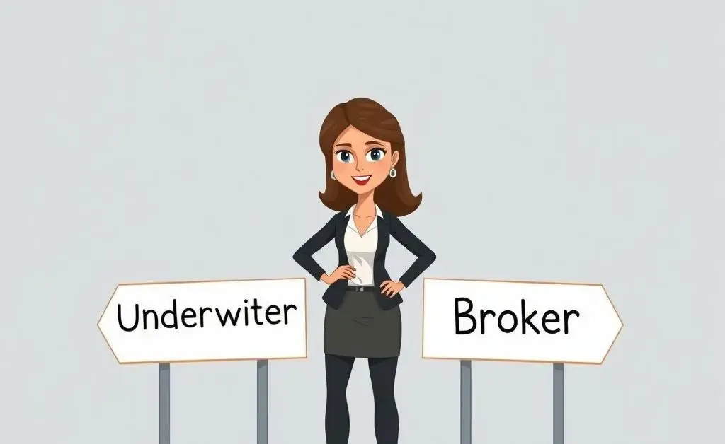 Woman standing confidently at crossroads between underwriter and broker