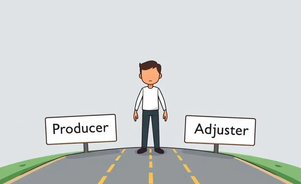 A person at a crossroads between career paths as a producer or adjuster.