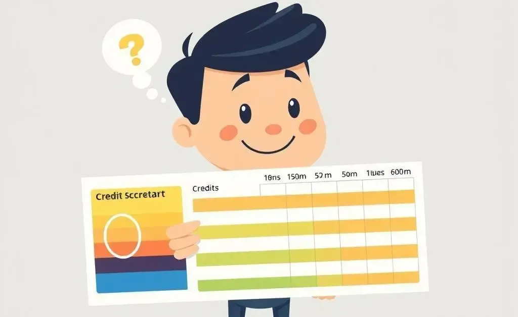 A friendly cartoon character with a credit score chart