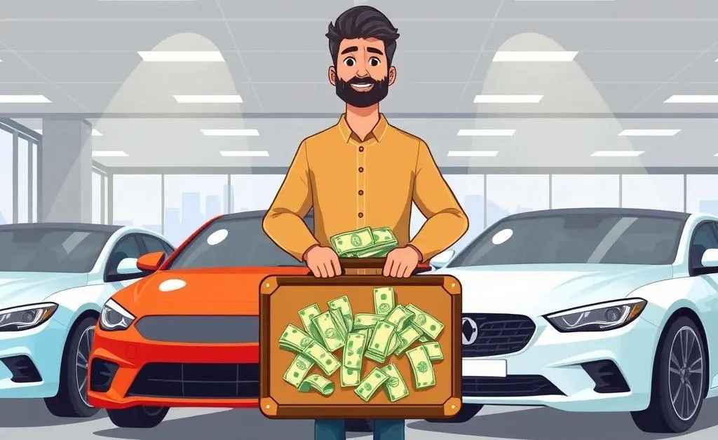 A person in a car dealership holding a suitcase full of cash in front of a new car.
