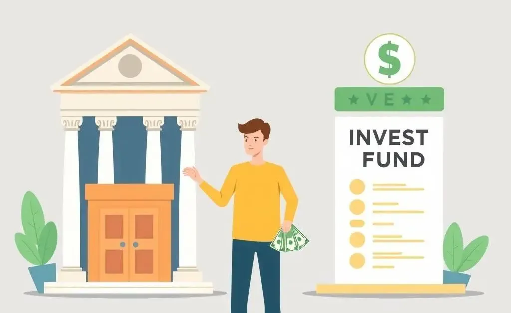 Person weighing options for parking cash between a bank and an investment fund