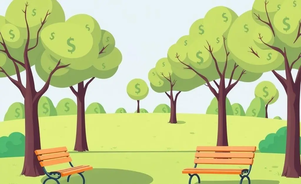 A cartoon illustration depicting a park with cash-themed features.