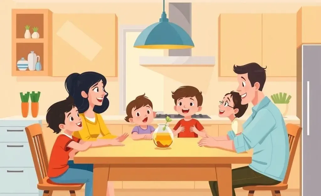 A family discussing cash value life insurance at the kitchen table in a cartoon-style drawing