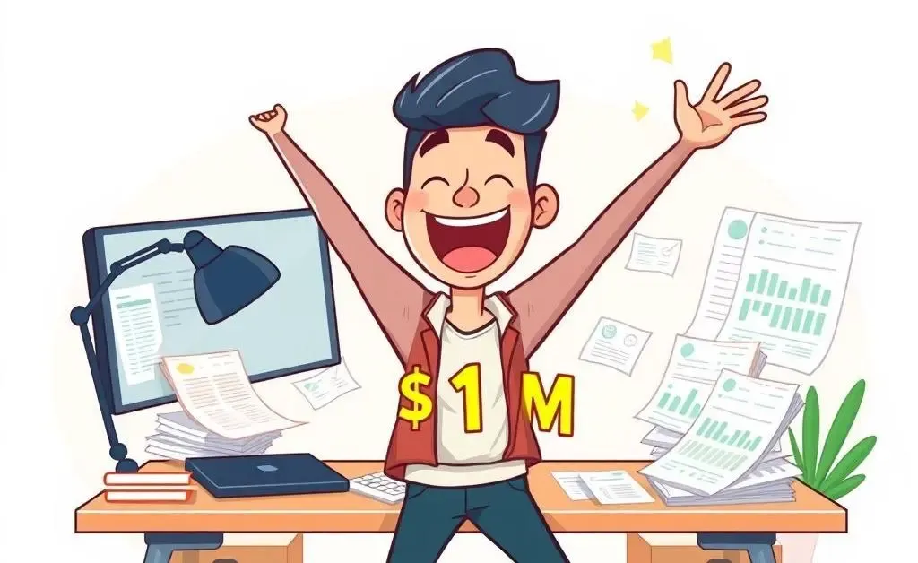 Person celebrating financial milestone at a desk with documents