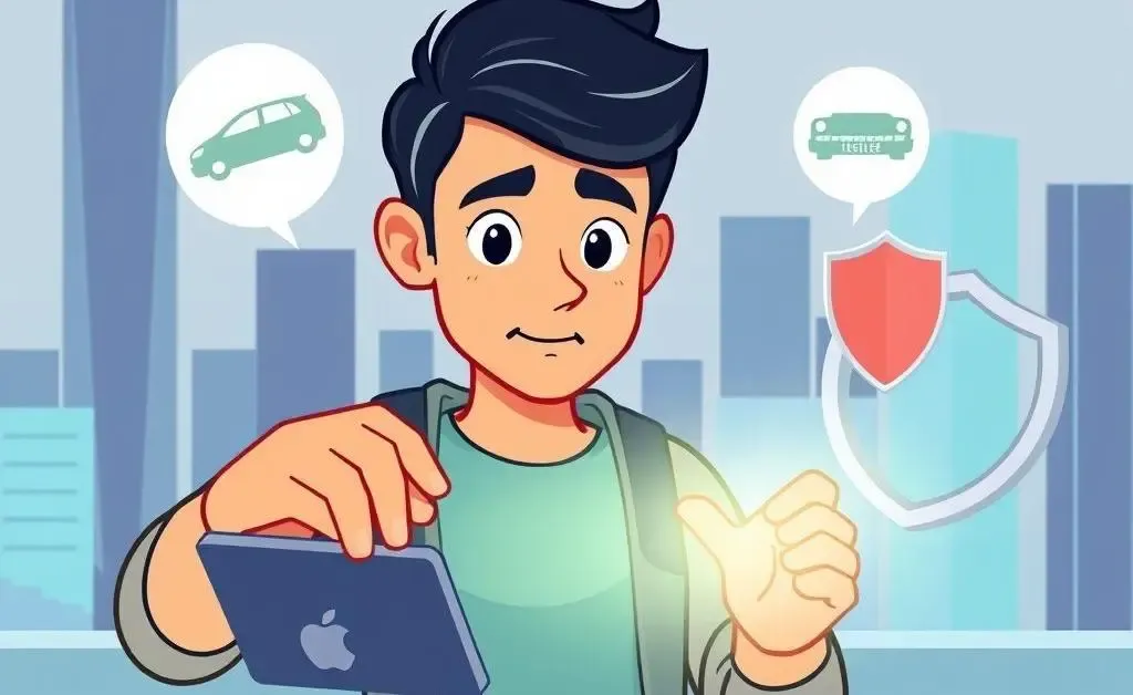 A person checking their credit score with car and insurance icons