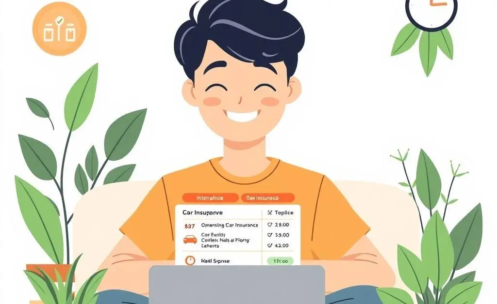 A young person happily comparing car insurance options on a laptop
