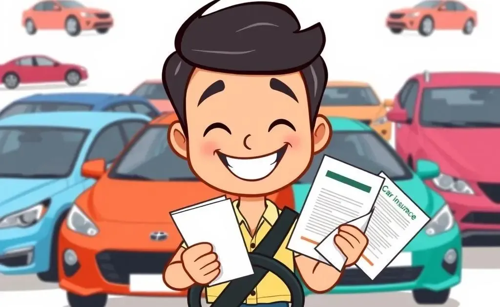Happy driver holding car insurance documents with different cars