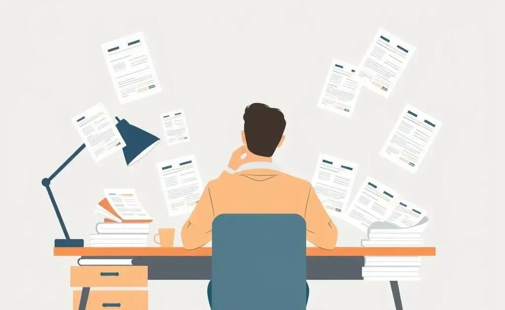 Person surrounded by health insurance documents, looking contemplative