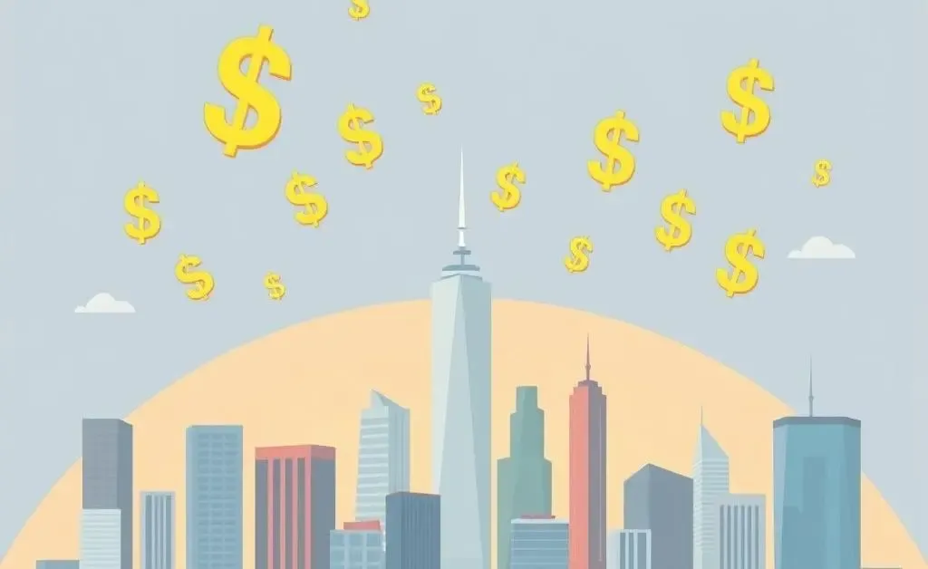 A city skyline with dollar signs symbolizing expensive real estate